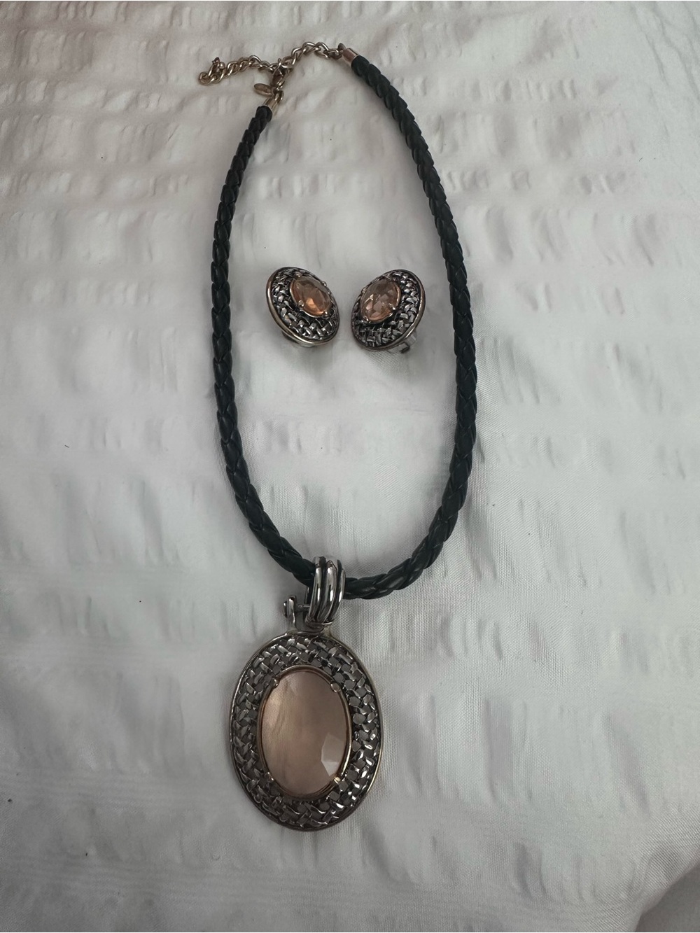Park Lane Black Braided Necklace with Blush Stone Pendant and Clip Earrings